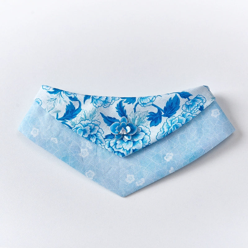 ♥Blue-and-white Porcelain♥ Neo-Chinese Style Bib & Triangular Scarf for Dogs & Cats, Hand-made/Customized 3D-printed Name Tag