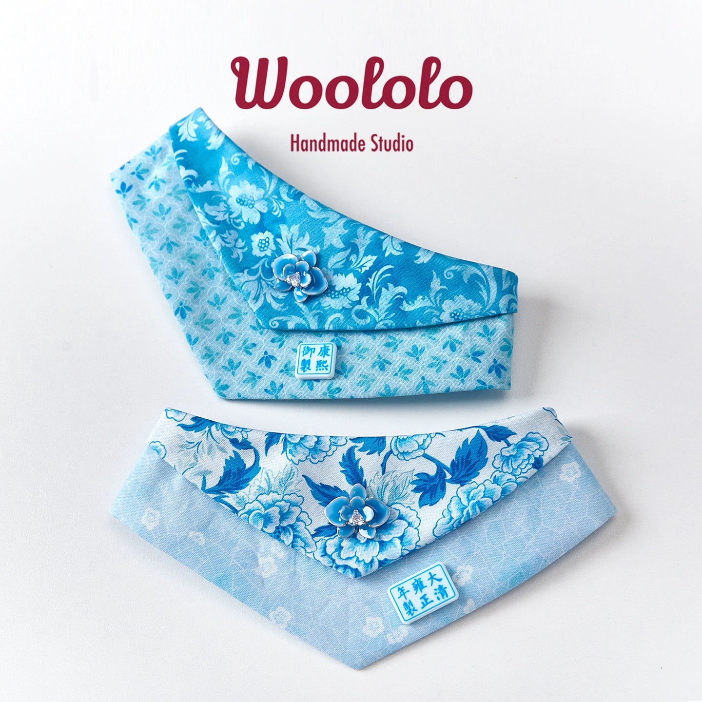 ♥Blue-and-white Porcelain♥ Neo-Chinese Style Bib & Triangular Scarf for Dogs & Cats, Hand-made/Customized 3D-printed Name Tag