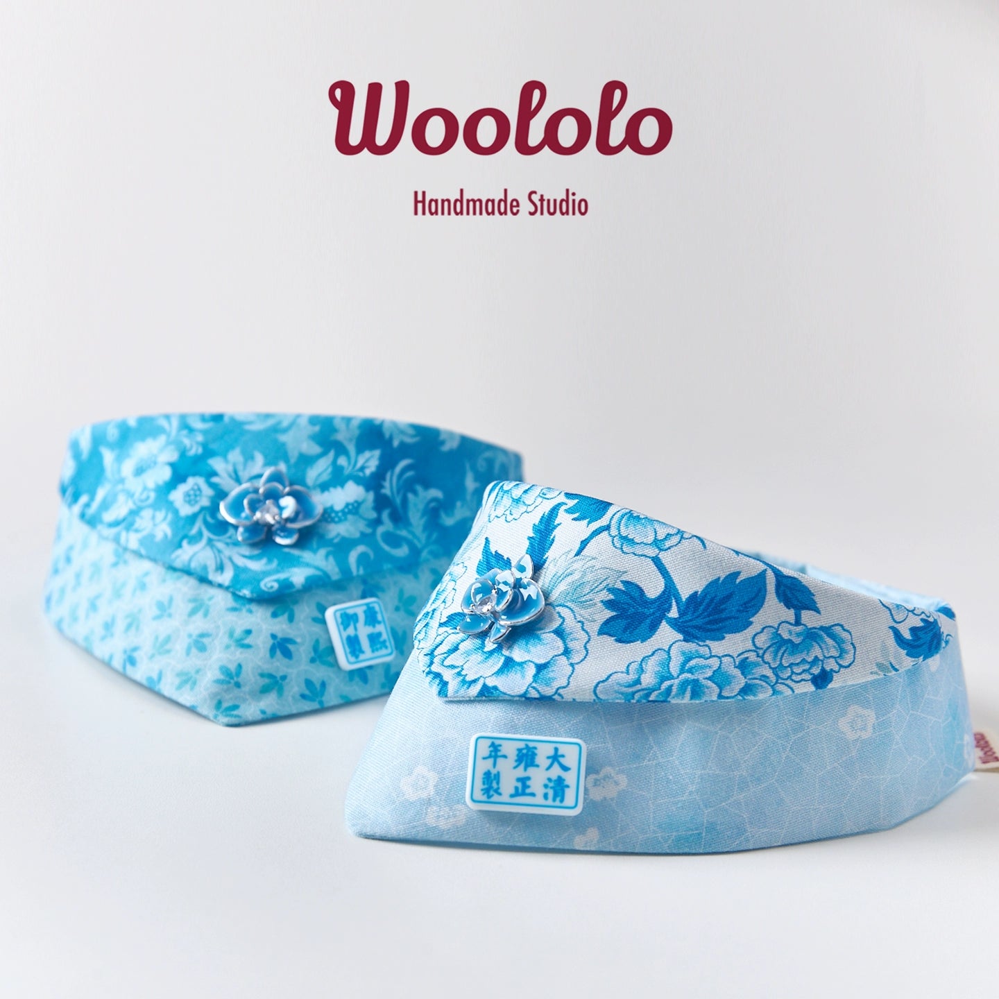 ♥Blue-and-white Porcelain♥ Neo-Chinese Style Bib & Triangular Scarf for Dogs & Cats, Hand-made/Customized 3D-printed Name Tag