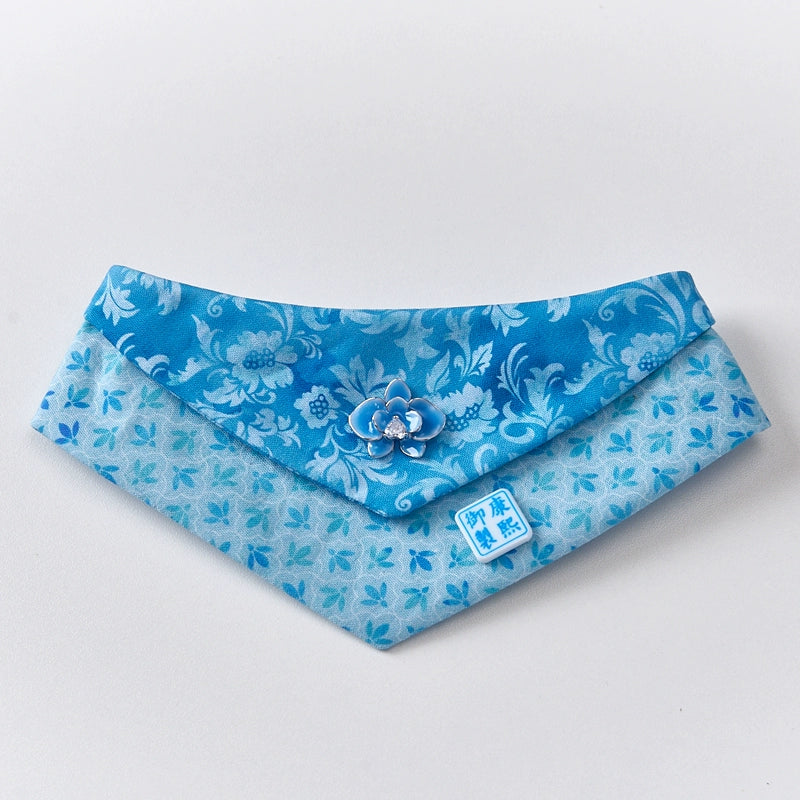Blue-white Porcelain: Neo-Chinese style costume bandanas, triangular Scarves, accessory and collar for Dogs & Cats, Hand-made/Customized 3D-printed Name Tag